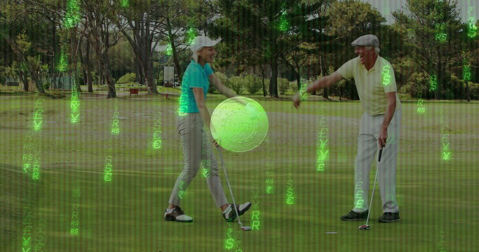 Exchanging fist bump golfing partners holding putters on golf course green, crypto coin matrix code - Powered by Adobe