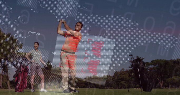 Swinging couple in polo shirts and shorts hitting golf ball on fairway, with digital map overlay - Powered by Adobe