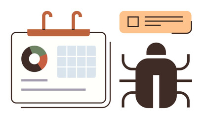 Calendar with charts, bug icon, and text bubble symbolize task management, software debugging, and productivity tracking. Ideal for development, planning, teamwork, analysis problem-solving