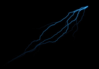 Abstract image of a vibrant blue lightning bolt streaking across a pitch-black background.  The...