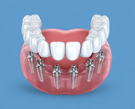 Full denture implants, dental surgery, gum, teeth, blue background, healthcare