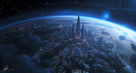 Futuristic Cityscape Night View of a Space Metropolis Above Earth