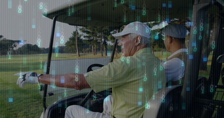 Pointing senior man and partner driving golf cart on golf course fairway, with golf glove