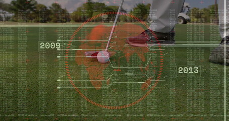 Aligning golfer wearing golf shoes on green, with ball on tee and putter under digital overlay
