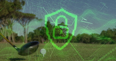 Shield-shaped padlock icon floating in network grid over golf fairway with club, white ball on tee