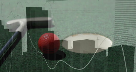 Resting red dimpled golf ball lying on green turf near white cup, with putter, copy space