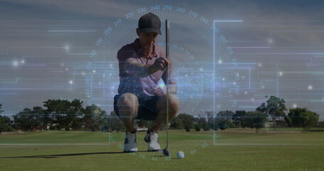 Crouching golfer in cap, polo shirt aligning putter behind golf ball on green, with HUD overlay