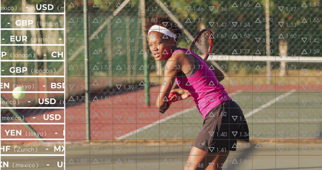 Bracing tennis player swinging racket backhand on court with fence, financial overlay, copy space