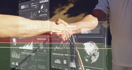 Shaking hands between female and male tennis players at tennis court net, with digital overlays