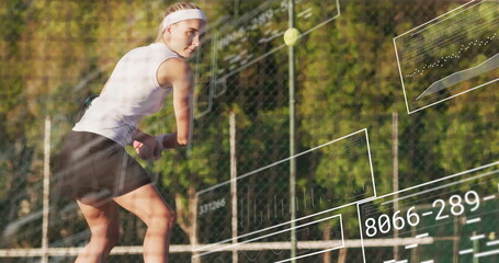 Swinging racket headband tennis player hitting ball over net on court, with overlays