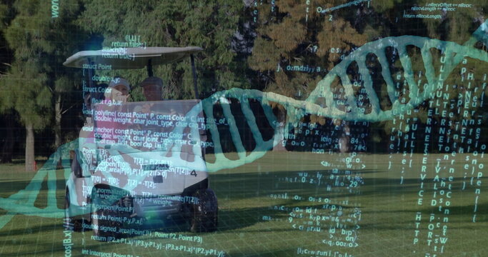 Driving couple in golf cart wearing golf attire navigating trimmed fairway, with DNA helix overlay - Powered by Adobe