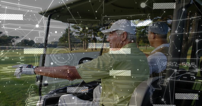 Senior man with golf glove and friend driving golf cart along fairway, with data interface overlay