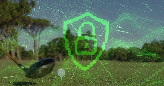 Shield-shaped padlock icon floating in network grid over golf fairway with club, white ball on tee - Powered by Adobe