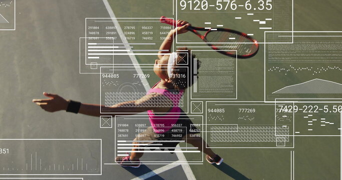 Serving female tennis player twisting on outdoor court, with tennis racket and data overlay