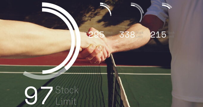 Shaking tennis opponents over net exchanging handshake on hardcourt, circular stock limit overlays