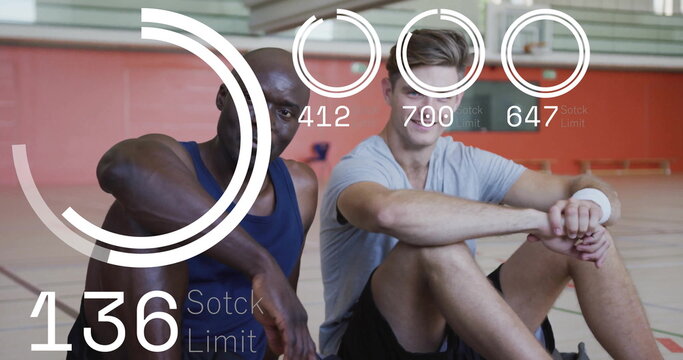 Resting workout partners wearing sportswear catching breath on basketball court, UI progress bars