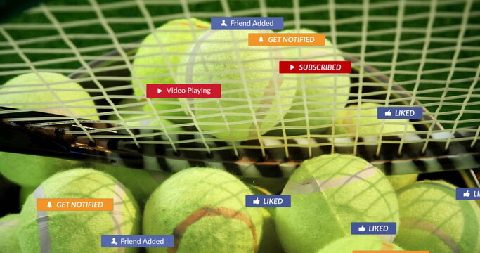 Fototapeta Showing neon yellow tennis balls lying under racket strings on green court, with notification icons