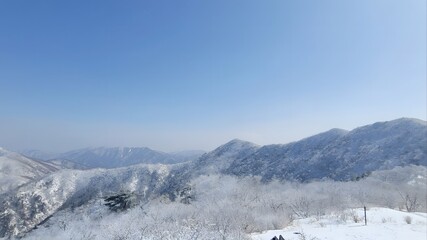 Winter mountain vista with snow covered peaks and valleys aerial perspective