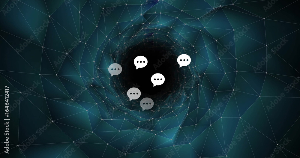 Poster floating speech bubble icons circling in network tunnel, showing mesh nodes and central void