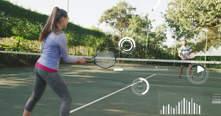 Swinging female tennis player hitting incoming ball on hardcourt, with data overlays, copy space