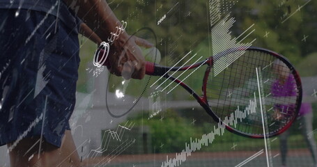 Gripping senior man swinging red racket over ball on red tennis court, with analytics overlay