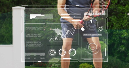 Holding racket at waist, senior tennis player in sportswear prepping swing on hardcourt with HUD