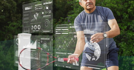 Swinging senior man in sportswear holding racket on tennis court, holographic panels, copy space