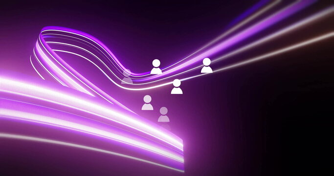 Flowing curved light ribbons signaling data network in digital space, with user silhouette icons