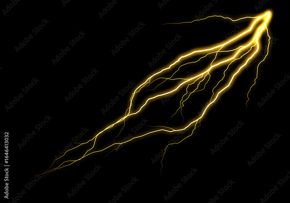 Poster golden lightning streaks across a black background, branching into intricate patterns, resembling a 