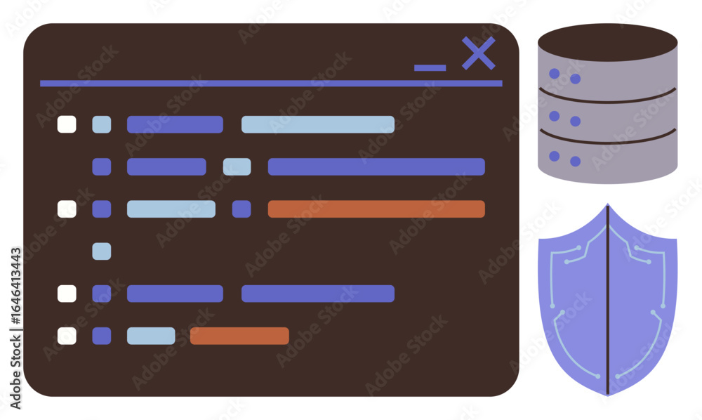Aufkleber coding window with multicolored lines, database icon, and shield, symbolizing programming, cybersecu