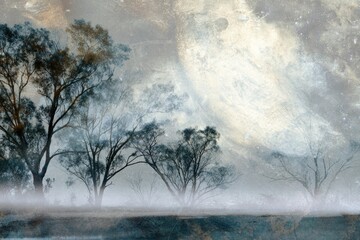 Misty dawn landscape, trees silhouetted, ethereal sky, calming nature scene, wall art