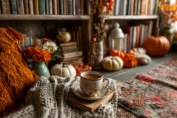 Autumn cozy mood. Fall cozy reading nook with a blanket, bookshelf filled with autumn-themed books, and a cup of tea or hot chocolate.