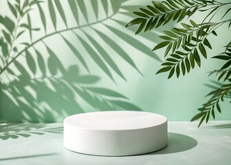 A white cylindrical podium or pedestal with green tropical leaves casting shadows on a mint green wall isolated on white background