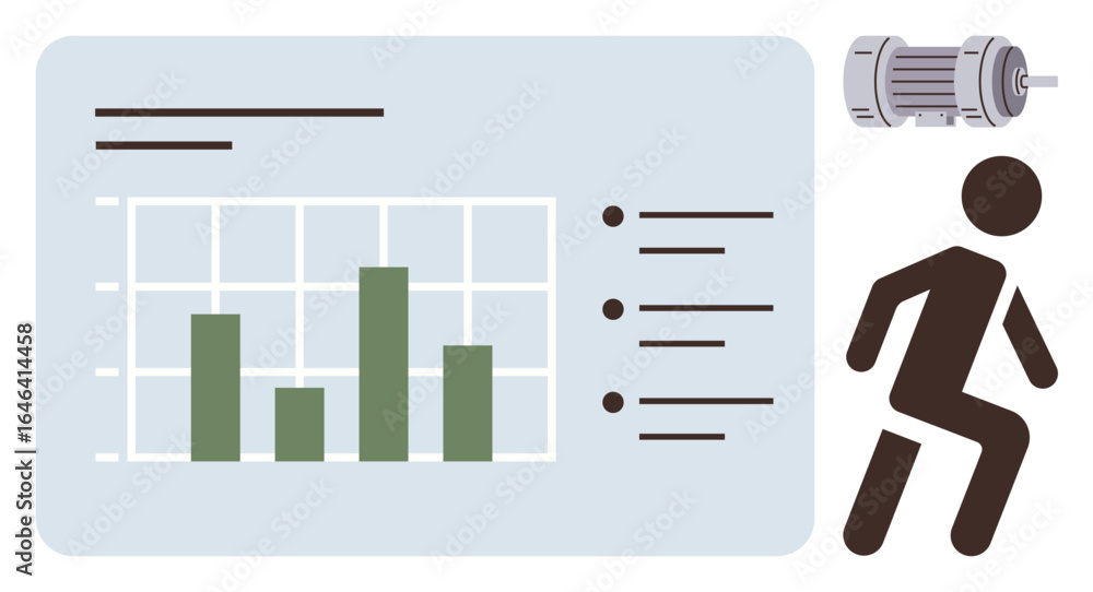 Poster bar chart on a digital dashboard with performance metrics, motor icon, running figure. ideal for ana