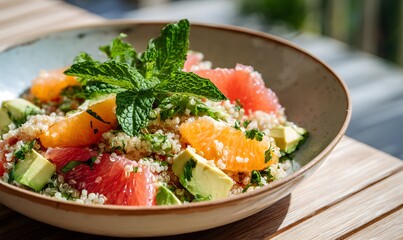 A vibrant vegan quinoa salad featuring bright orange and grapefruit segments, creamy avocado cubes, and colorful herbs, artfully arranged in a rustic bowl with a sunny backdrop