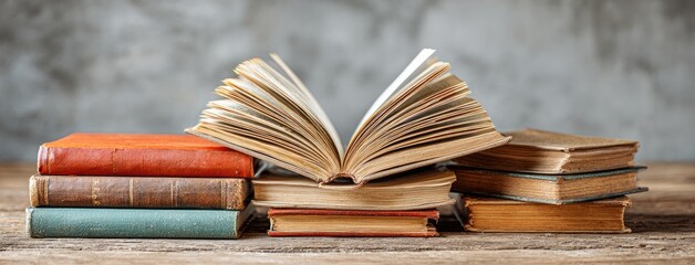 Obraz premium Stack of vintage books, open book, aged covers