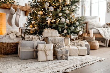 Wrapped Gifts in Natural Fabric Under Christmas Tree in Bright Room