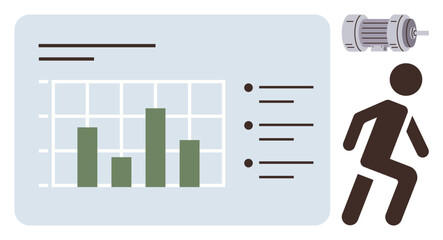 Bar chart on a digital dashboard with performance metrics, motor icon, running figure. Ideal for analytics, productivity, efficiency, engineering, fitness monitoring, reporting simple flat metaphor