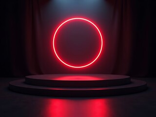 Bright red neon circle glowing above a dark stage podium with spotlights isolated on white background