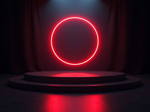 Bright red neon circle glowing above a dark stage podium with spotlights isolated on white background - Powered by Adobe