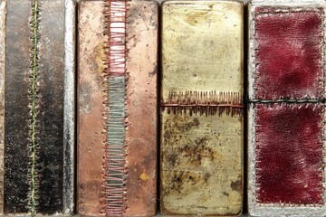 Close-up of four vintage, rectangular cigarette lighters, showing their aged, textured metal and fabric covers.  A vertical seam or wire runs through the center of each
