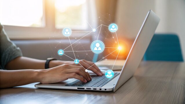 Stay connected with clients using modern social media network on laptop in home office