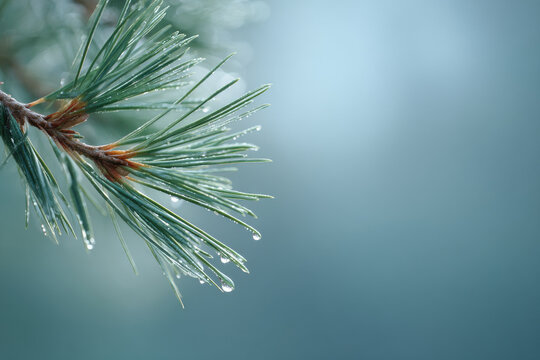 closeup view of pine branch adorned with dewdrops subtly illuminated against clean background