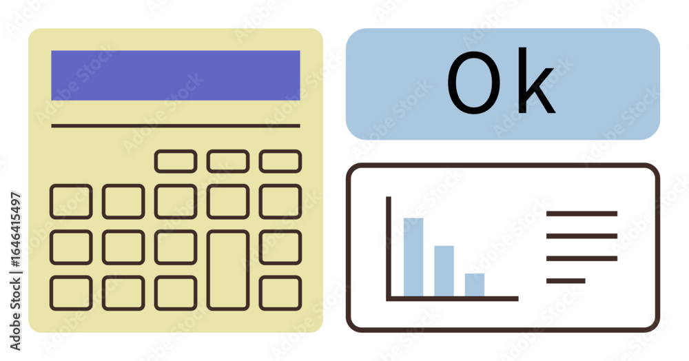Poster calculator beside a bar chart and ok label, emphasizing data analysis, evaluation, and results valid