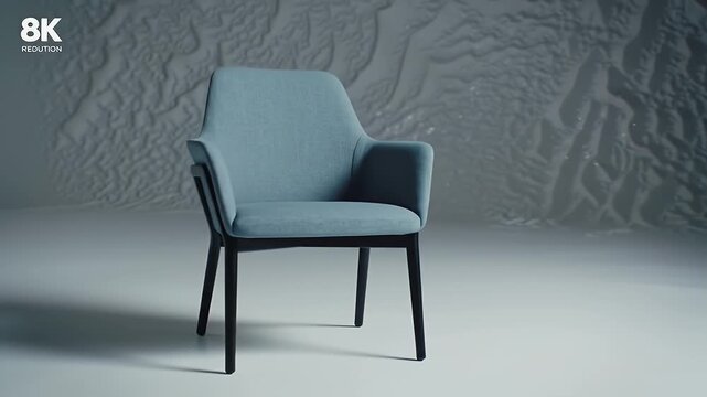 Light Blue Upholstered Chair with Black Frame Isolated Against Gray Textured Background in a Studio with Soft Lighting