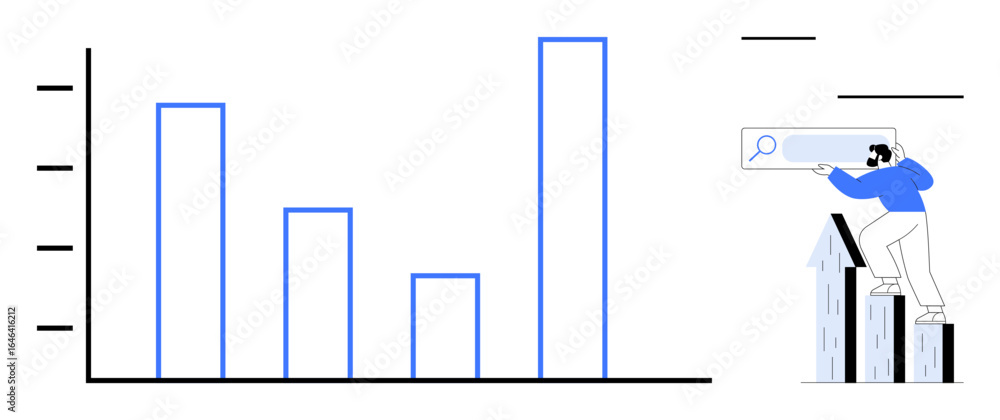Poster bar chart with rising vertical bars indicating growth and a person with a search tool on ascending a