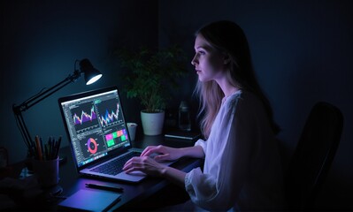 Young woman working on a laptop displaying data visualizations in a dimly lit room, illuminated by the screen and desk lamp.