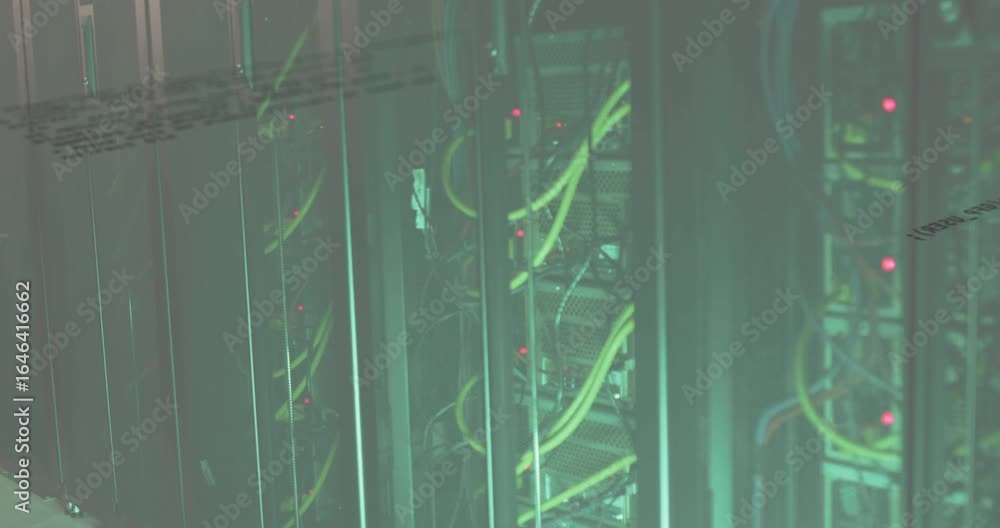 Poster on rack view, camera panning while leds blinking, code lines drifting to show network activity