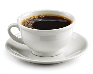 Obraz premium White ceramic coffee cup filled with dark, rich coffee, isolated on white