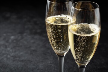 Two champagne flutes, filled with bubbly golden liquid, sit on a dark stone surface
